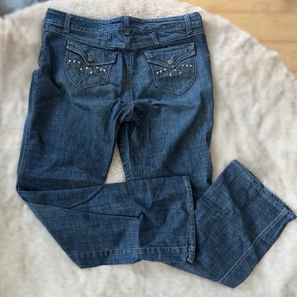Nine West Jeans Bootcut Embellished Flap Pockets Women's Size 14 Thick Stitch